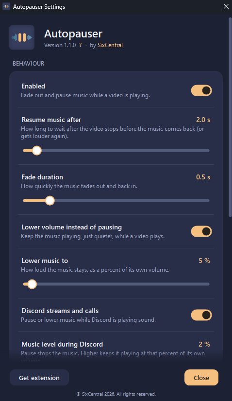 The Autopauser settings window